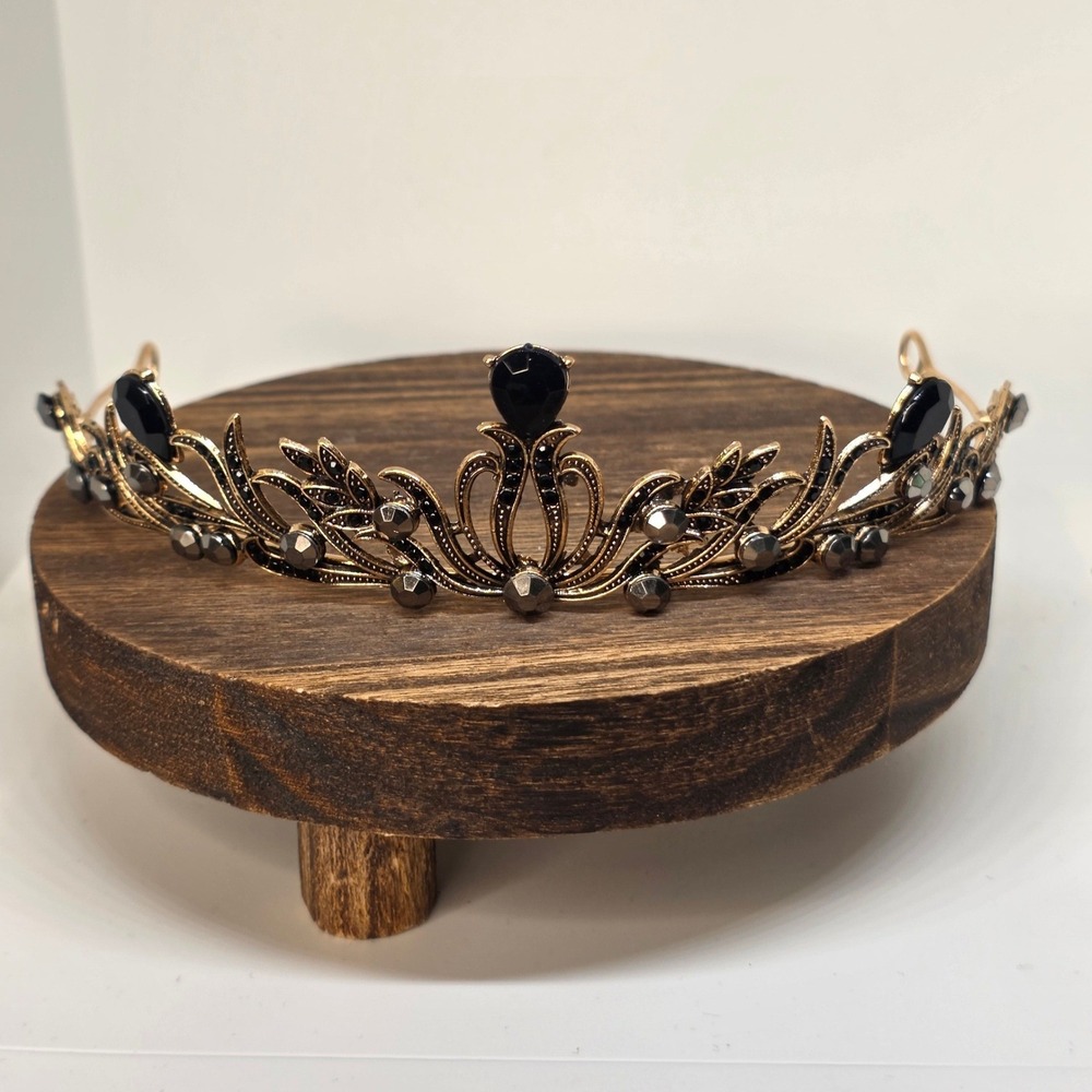 Dark Floral Versatile Crown Black Crystal Gold Gothic Tiara Headpiece
